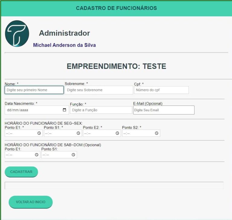 Tela de cadastros do colaboradores