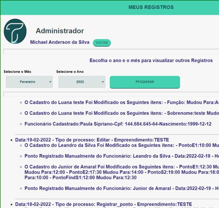 Tela de registros de Administrador