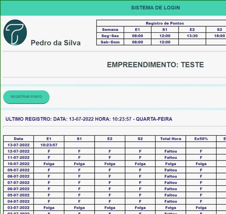 Tela de Sistema de login de um colaborar