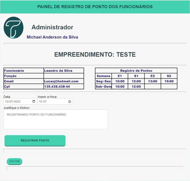 Tela de Registro manual que um Administrador poderá alterar o horário de um coloborador