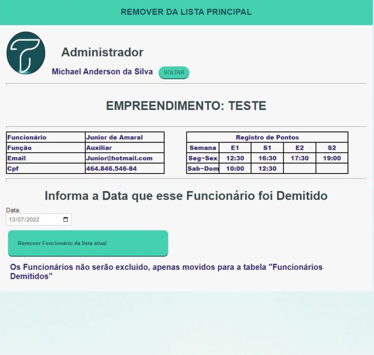 Tela para remoção de um colaborar, quando o mesmo for desligado da empresa